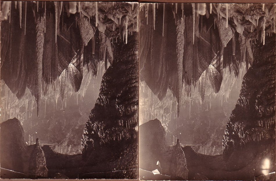 Magnificent photo of the Shawl Shop in Yallingup Cave. JH Macdougall's use of side lighting to enhance a cave photo is very evident in this stereograph. - JHA MacDougall's Stereographs