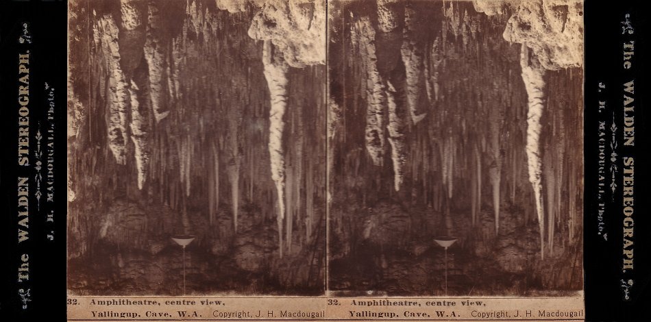The Amphitheatre in Yallingup Cave. Need a modern photo to compare it with current day. Check out the upside down lampshade. - JHA MacDougall's Stereographs