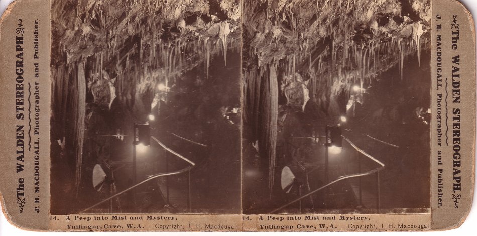 A "Mist and Mystery" image in Yallingup Cave. Bit unfortunate about the handrails and lights. - JHA MacDougall's Stereographs