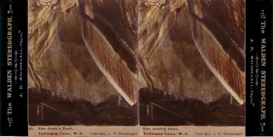 This is a hand coloured photo but gives the viewer a good idea of the colour in the shawls. Interesting that it was known as the Arabs Tent!  Yallingup Cave, WA - JHA MacDougall's Stereographs